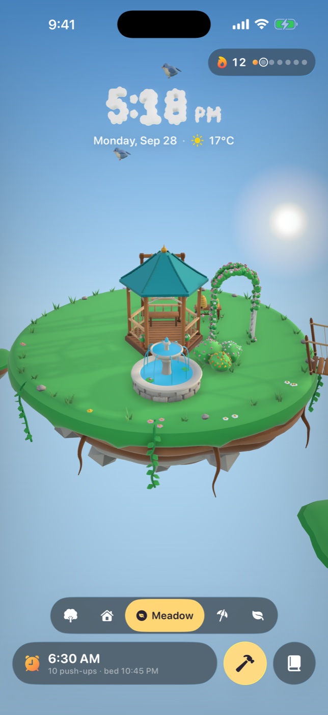Meadow Isle with a gazebo and fountain.